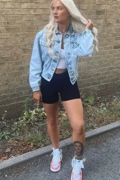 Rebellious Fashion Blue Acid Wash Elasticated Hem Denim Jacket - Freja