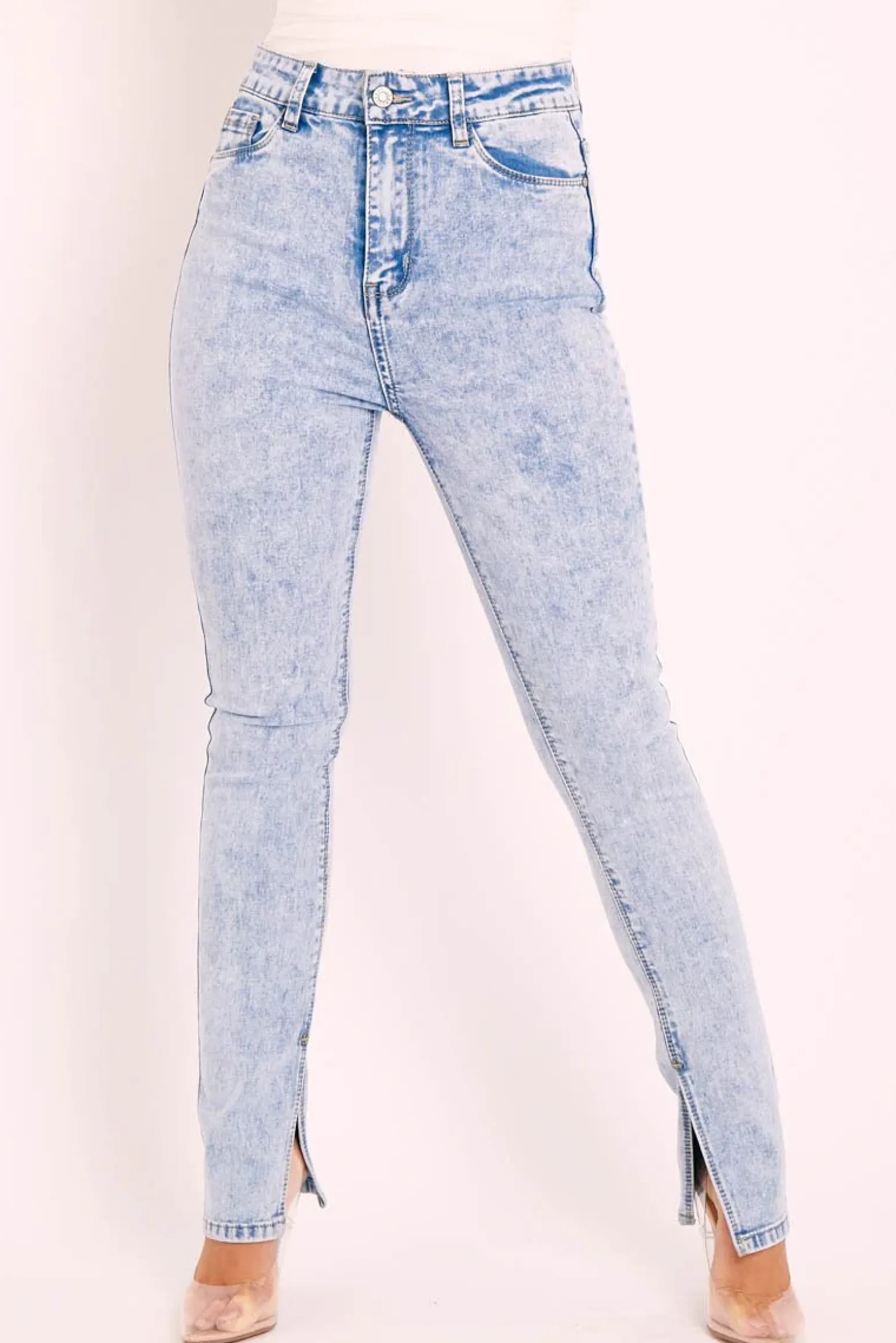 Rebellious Fashion Blue Acid Wash Split Hem Skinny Jeans - Wendi