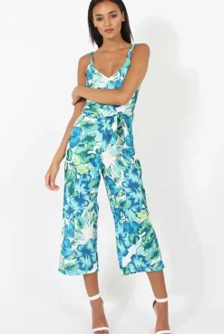 Rebellious Fashion Blue & Green Floral Print Jumpsuit - Anaya