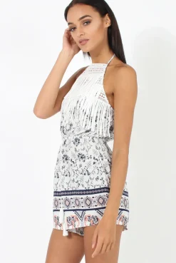 Rebellious Fashion Blue & Peach Elephant Print Halterneck Playsuit - Kaylie
