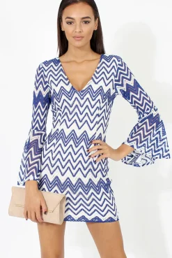 Rebellious Fashion Blue & White Crochet Flare Sleeve Dress - Kady