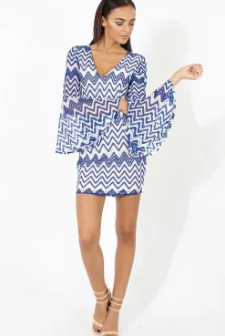 Rebellious Fashion Blue & White Crochet Flare Sleeve Dress - Kady