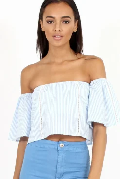 Rebellious Fashion Blue & White stripe Bardot Crop Top - Jennifer