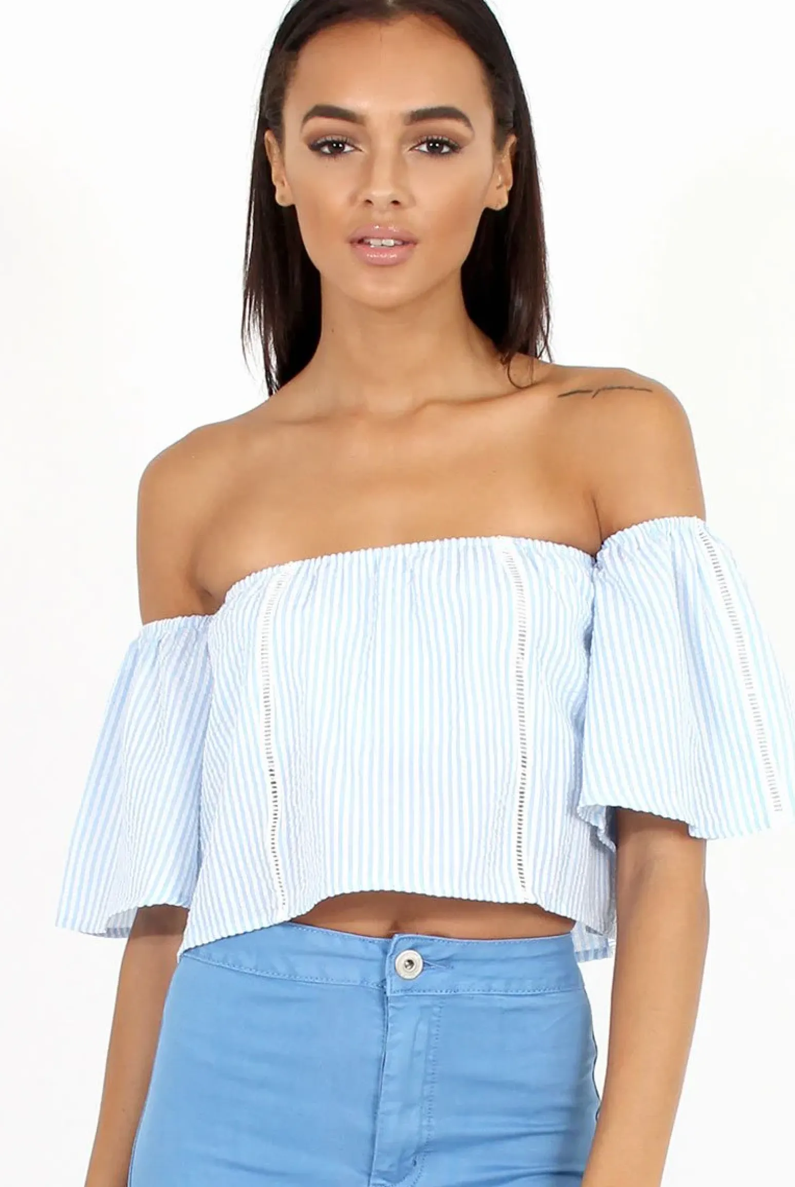 Rebellious Fashion Blue & White stripe Bardot Crop Top - Jennifer