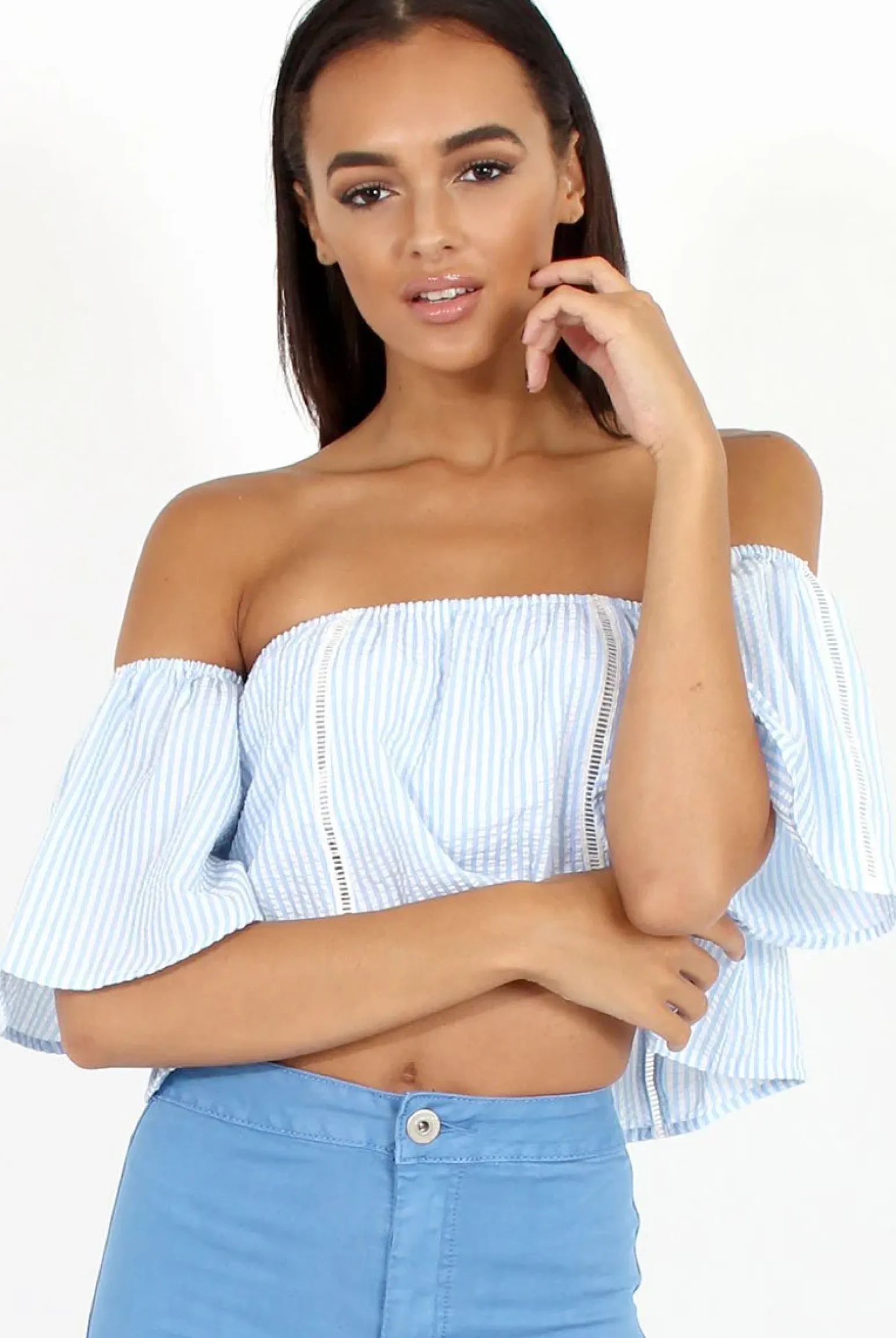 Rebellious Fashion Blue & White stripe Bardot Crop Top - Jennifer