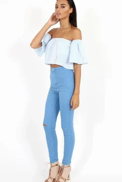Rebellious Fashion Blue & White stripe Bardot Crop Top - Jennifer