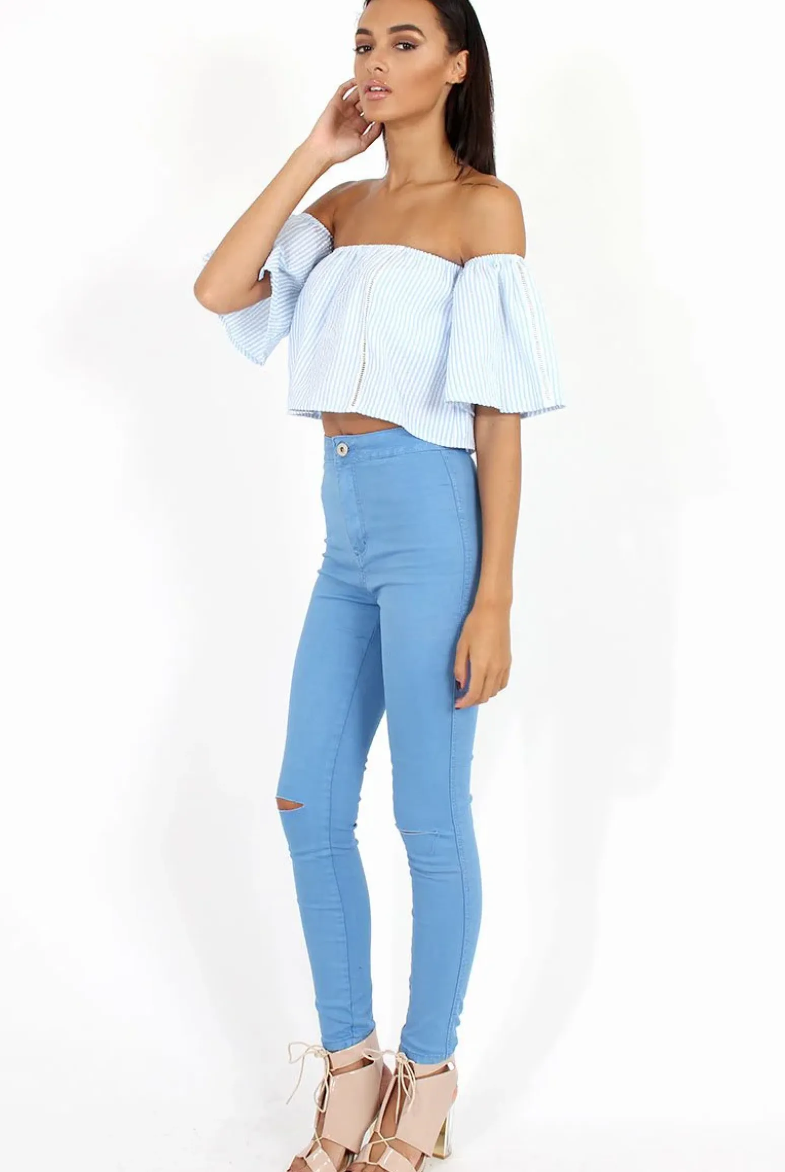 Rebellious Fashion Blue & White stripe Bardot Crop Top - Jennifer