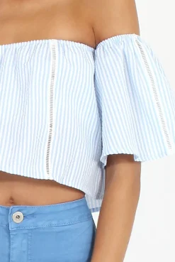 Rebellious Fashion Blue & White stripe Bardot Crop Top - Jennifer