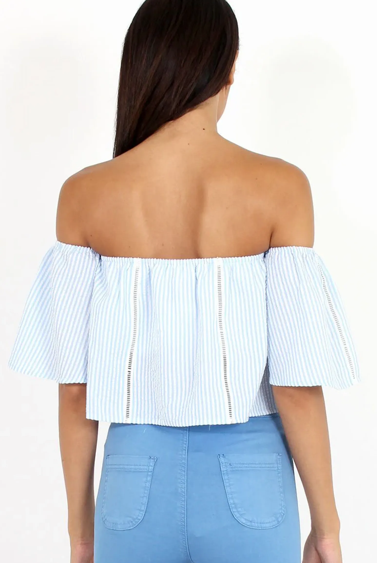 Rebellious Fashion Blue & White stripe Bardot Crop Top - Jennifer