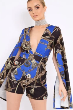 Rebellious Fashion Blue and Black Rope Print Cape Playsuit - Zyona