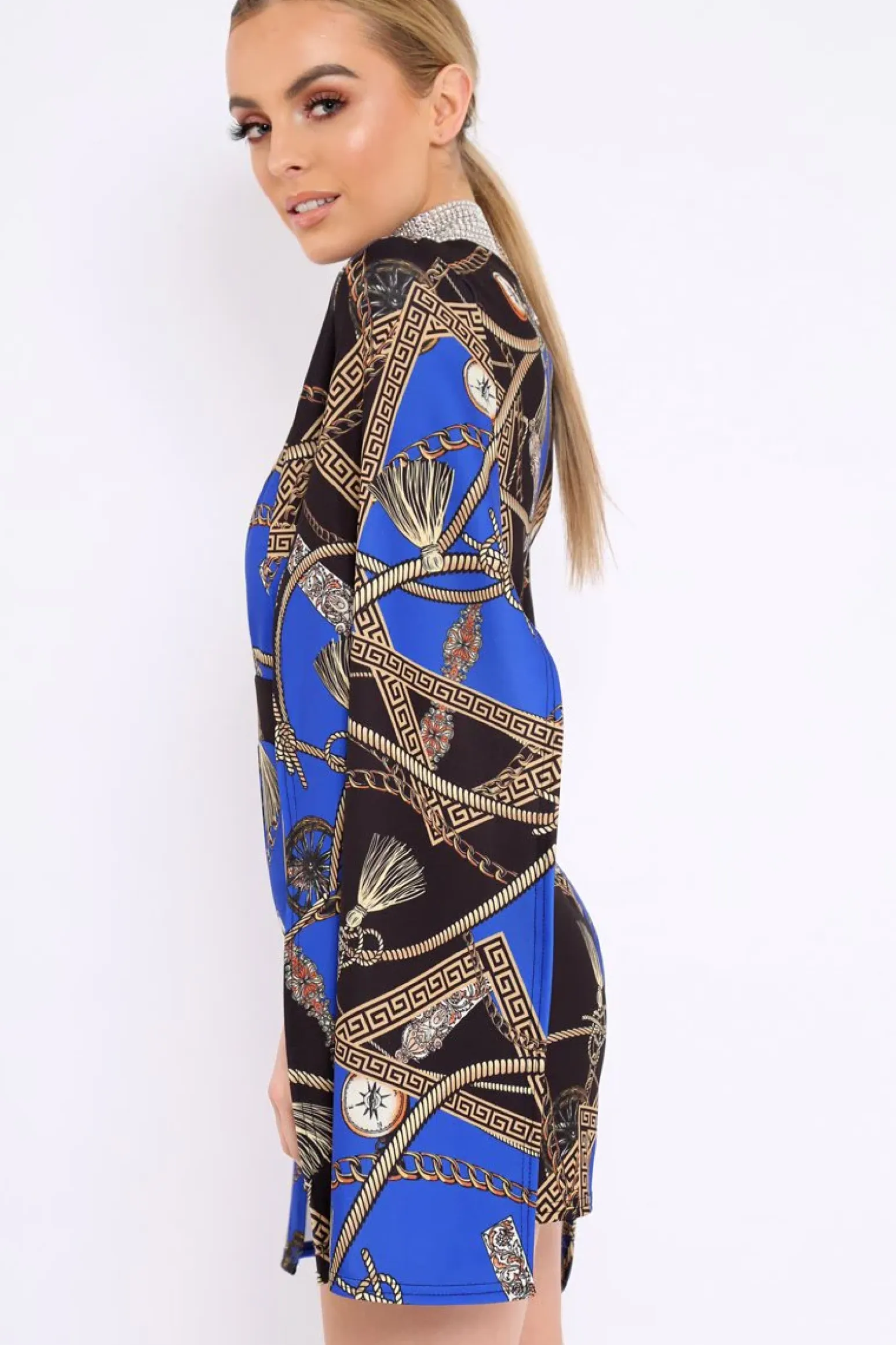 Rebellious Fashion Blue and Black Rope Print Cape Playsuit - Zyona