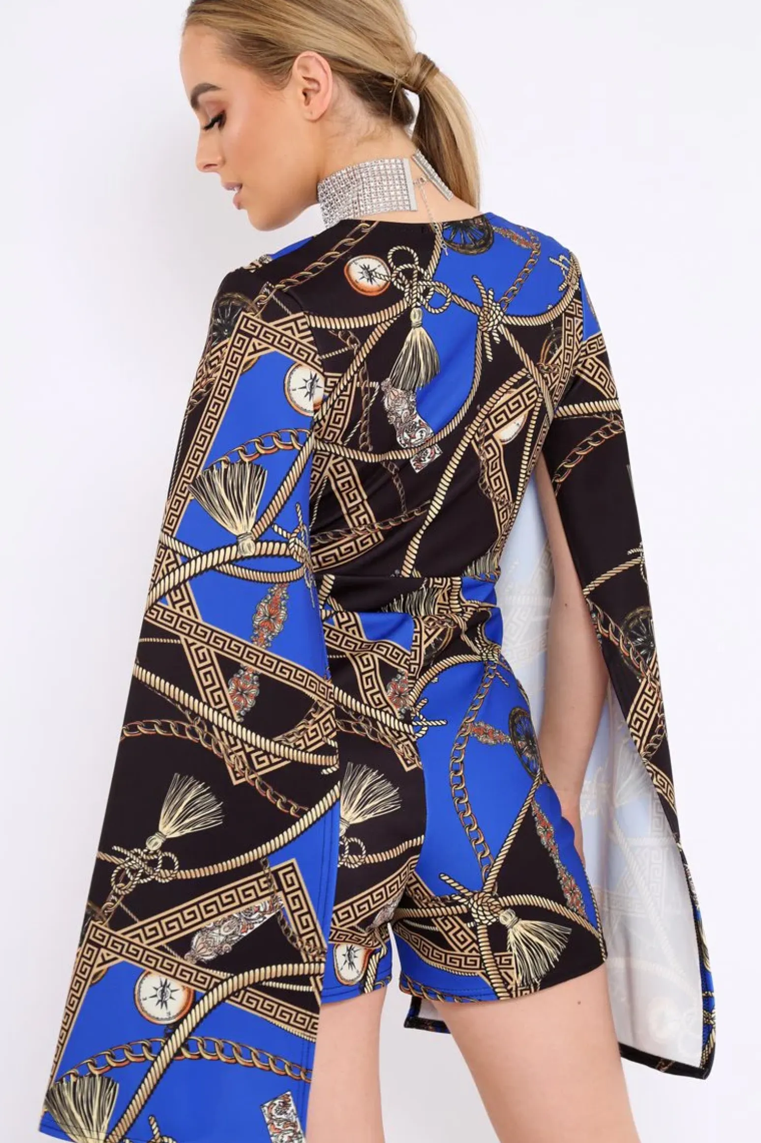 Rebellious Fashion Blue and Black Rope Print Cape Playsuit - Zyona