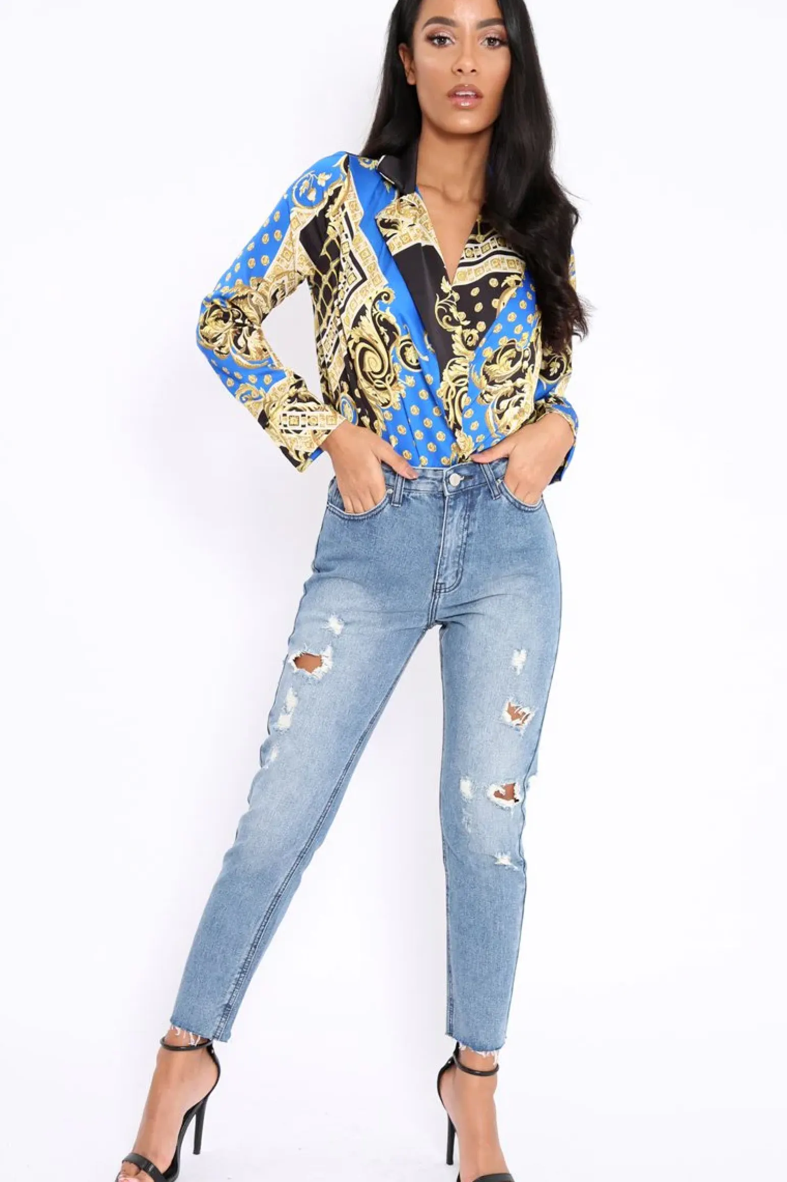 Rebellious Fashion Blue and Gold Scarf Print Satin Plunge Bodysuit - Moniqua