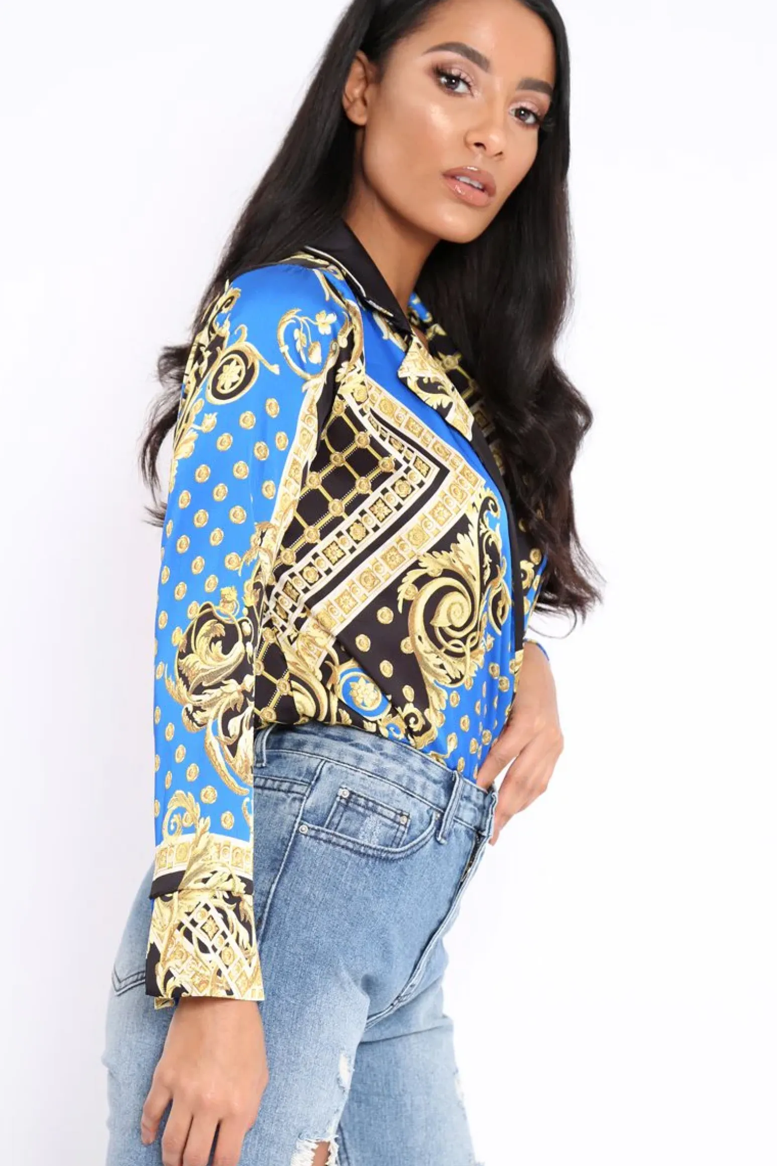 Rebellious Fashion Blue and Gold Scarf Print Satin Plunge Bodysuit - Moniqua