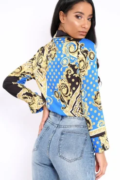 Rebellious Fashion Blue and Gold Scarf Print Satin Plunge Bodysuit - Moniqua
