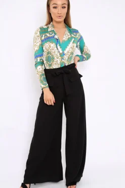 Rebellious Fashion Blue and Green Scarf Print Plunge Bodysuit - Chrissy