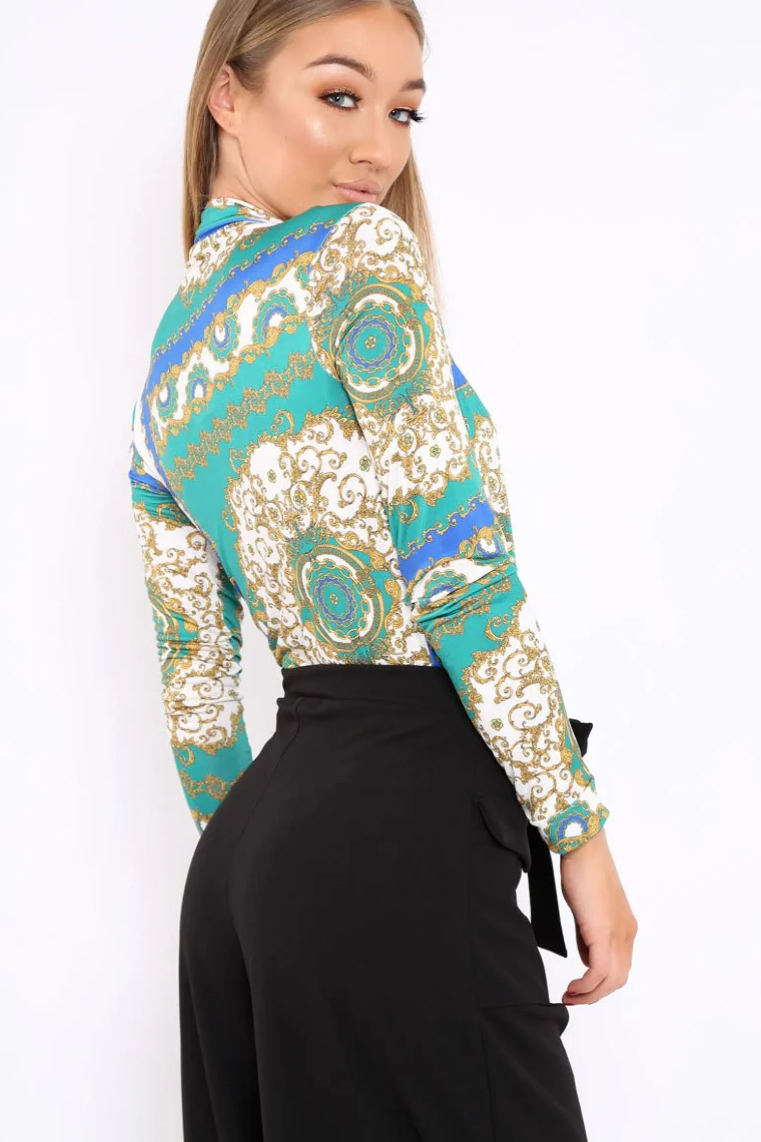 Rebellious Fashion Blue and Green Scarf Print Plunge Bodysuit - Chrissy