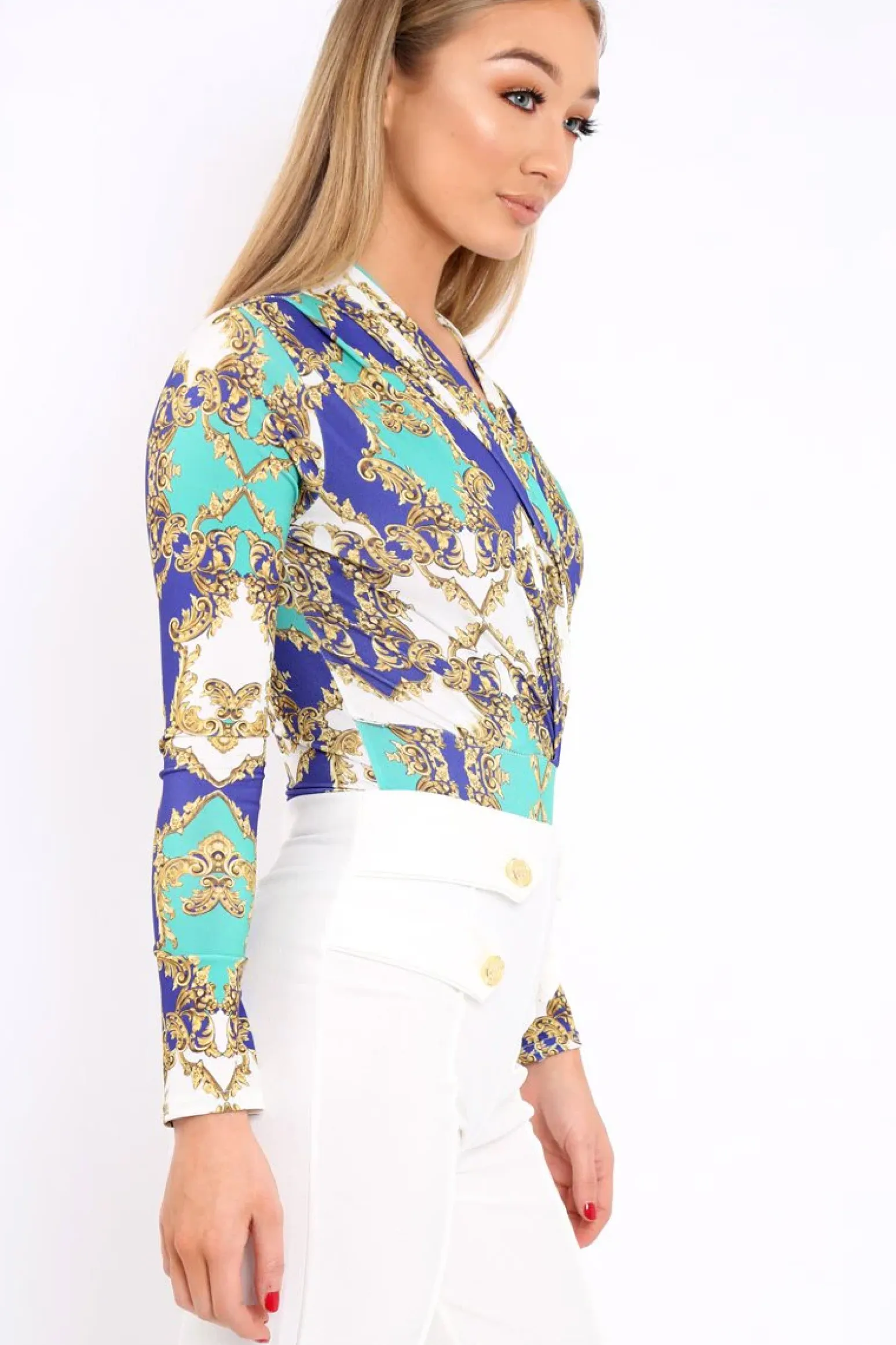 Rebellious Fashion Blue and Green Scarf Print Wrap Front Bodysuit - Jasmina