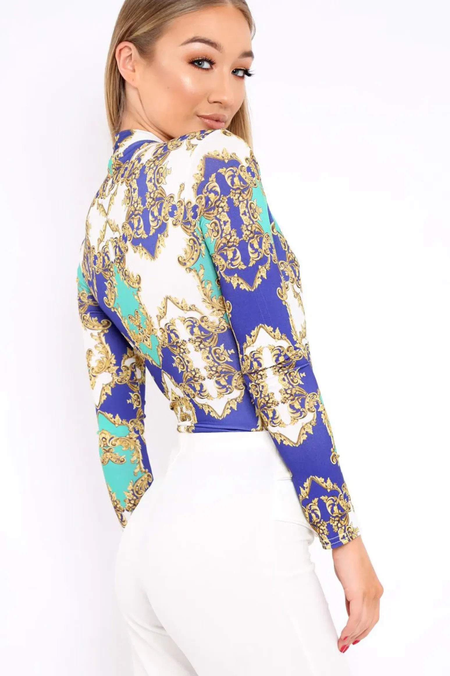 Rebellious Fashion Blue and Green Scarf Print Wrap Front Bodysuit - Jasmina