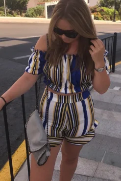 Rebellious Fashion Blue And Mustard Stripe Ruffle Bardot Bralet And Shorts Co-ord - Zia