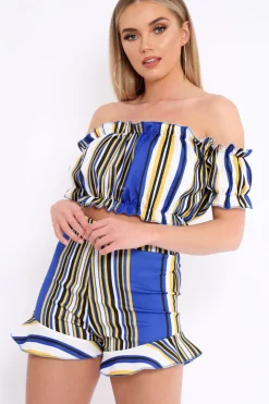 Rebellious Fashion Blue And Mustard Stripe Ruffle Bardot Bralet And Shorts Co-ord - Zia