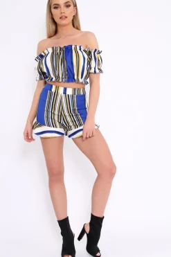 Rebellious Fashion Blue And Mustard Stripe Ruffle Bardot Bralet And Shorts Co-ord - Zia