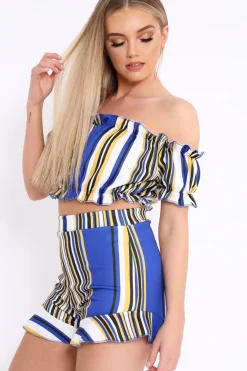Rebellious Fashion Blue And Mustard Stripe Ruffle Bardot Bralet And Shorts Co-ord - Zia