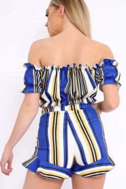 Rebellious Fashion Blue And Mustard Stripe Ruffle Bardot Bralet And Shorts Co-ord - Zia