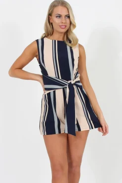 Rebellious Fashion Blue And Nude Stripe Tie Waist Playsuit - Molly