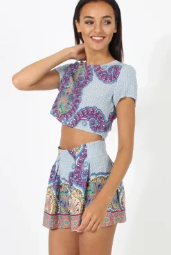 Rebellious Fashion Blue And Purple Paisley Print Two Piece set - Hali