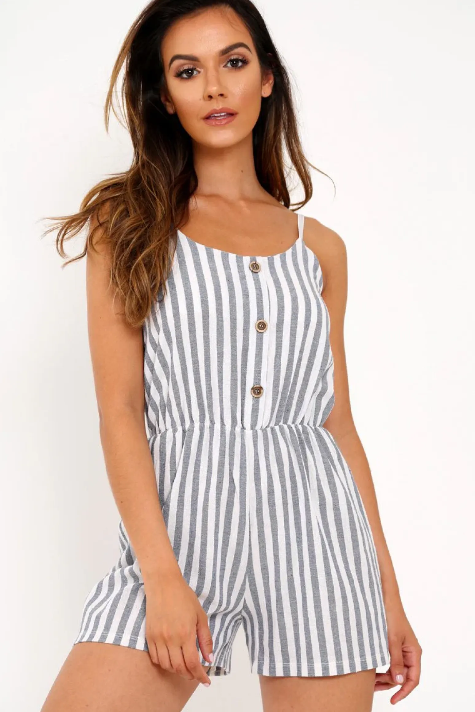 Rebellious Fashion Blue And White Stripe Button Front Playsuit - Aaryn