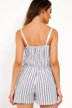 Rebellious Fashion Blue And White Stripe Button Front Playsuit - Aaryn