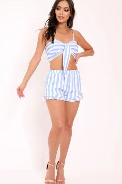 Rebellious Fashion Blue And White Striped Crop Top And Shorts Co-ord - Freida