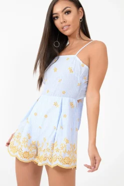 Rebellious Fashion Blue And White Striped Tie Back Embroidery Playsuit - Renita