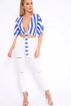 Rebellious Fashion Blue and White Striped Tie Front Crop Top - Yoanna