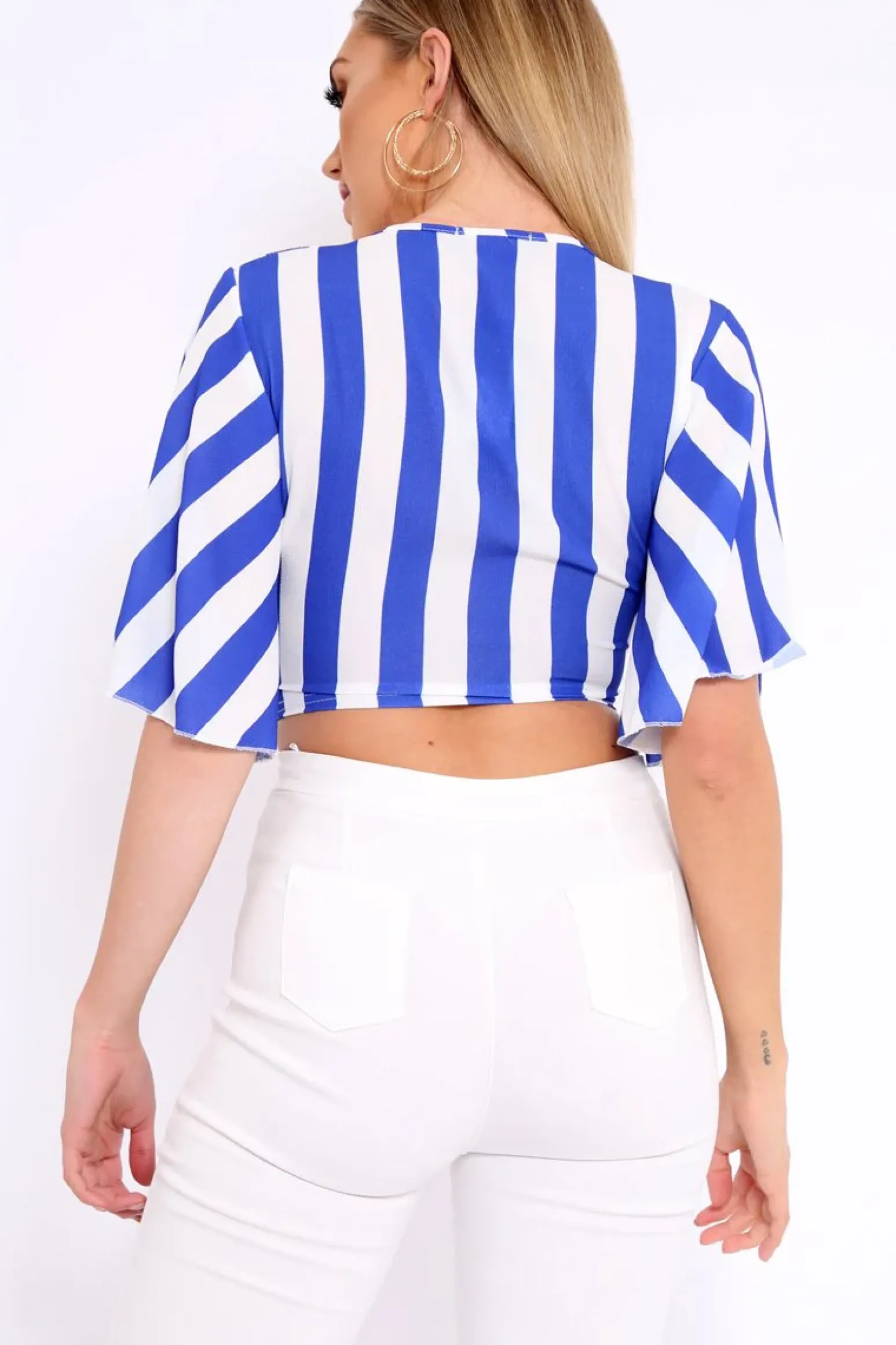 Rebellious Fashion Blue and White Striped Tie Front Crop Top - Yoanna