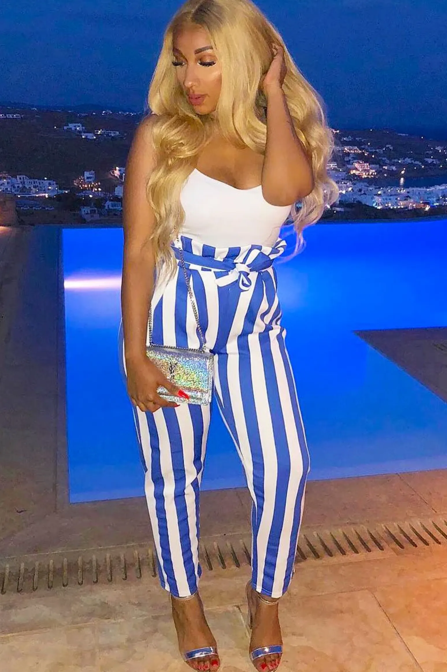 Rebellious Fashion Blue and White Striped Tie Waist Tapered Trousers - Dura