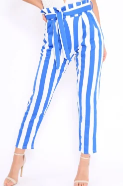 Rebellious Fashion Blue and White Striped Tie Waist Tapered Trousers - Dura
