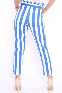Rebellious Fashion Blue and White Striped Tie Waist Tapered Trousers - Dura