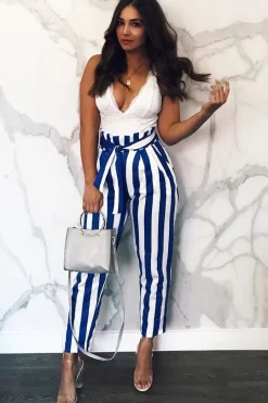 Rebellious Fashion Blue and White Striped Tie Waist Tapered Trousers - Dura