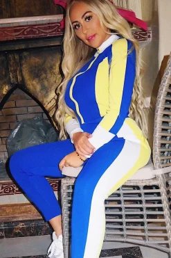 Rebellious Fashion Blue And Yellow Striped Tracksuit - Cayla