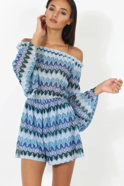 Rebellious Fashion Blue Aztec Print Crochet Bardot Playsuit - Nelly
