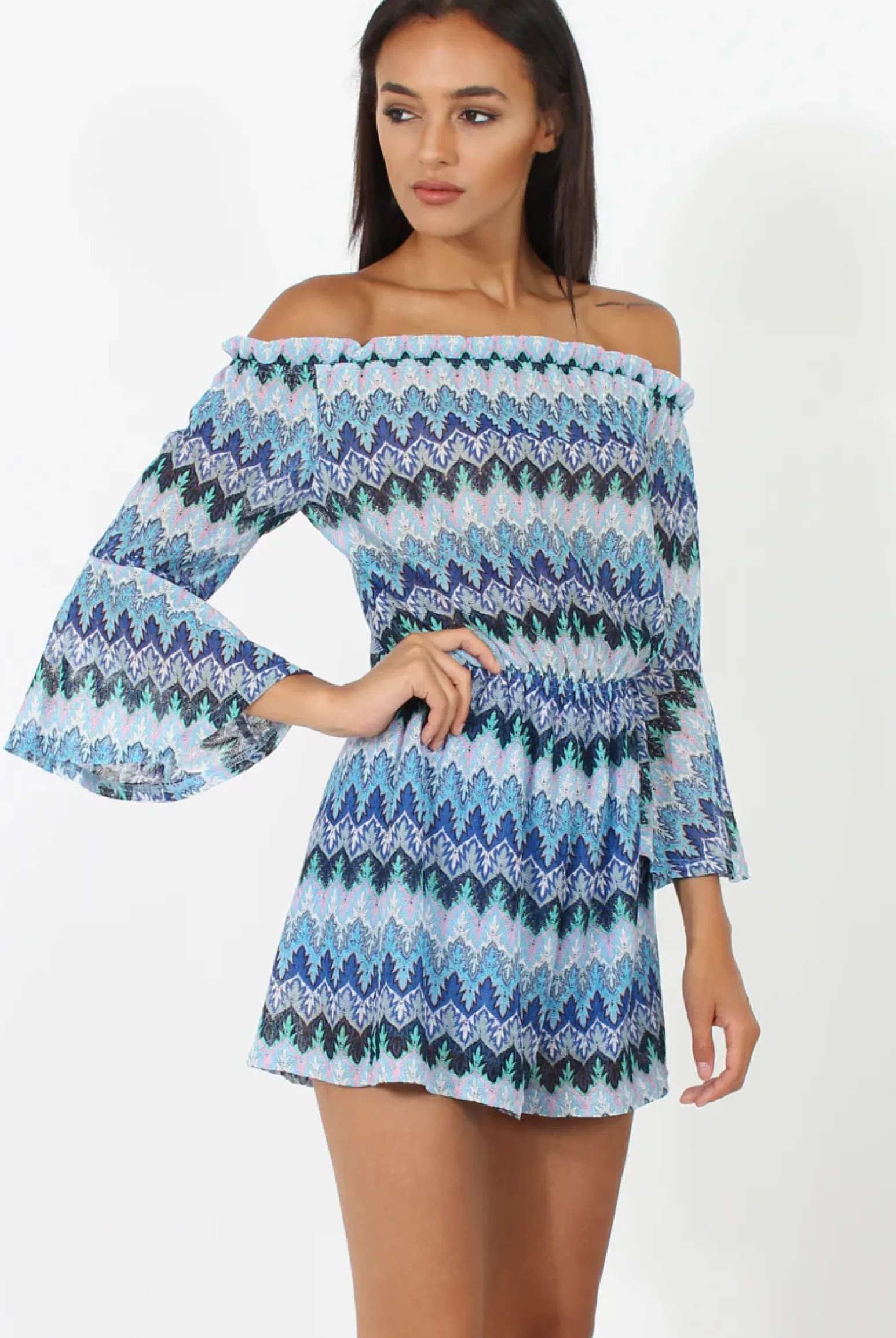 Rebellious Fashion Blue Aztec Print Crochet Bardot Playsuit - Nelly