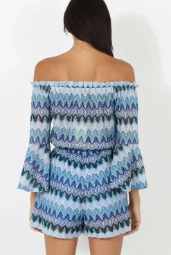 Rebellious Fashion Blue Aztec Print Crochet Bardot Playsuit - Nelly