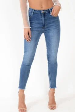 Rebellious Fashion Blue Back Rip Raw Hem Skinny Jeans - Ottilie