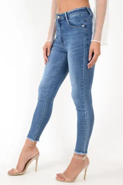 Rebellious Fashion Blue Back Rip Raw Hem Skinny Jeans - Ottilie