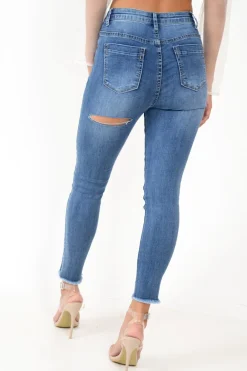 Rebellious Fashion Blue Back Rip Raw Hem Skinny Jeans - Ottilie