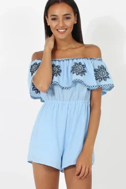 Rebellious Fashion Blue Bandeau Playsuit With Embroidered Detail- Freye