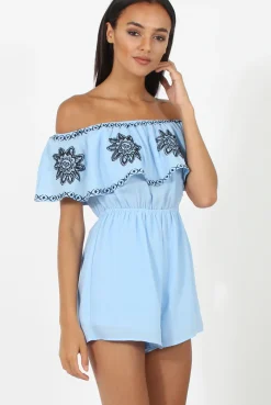 Rebellious Fashion Blue Bandeau Playsuit With Embroidered Detail- Freye