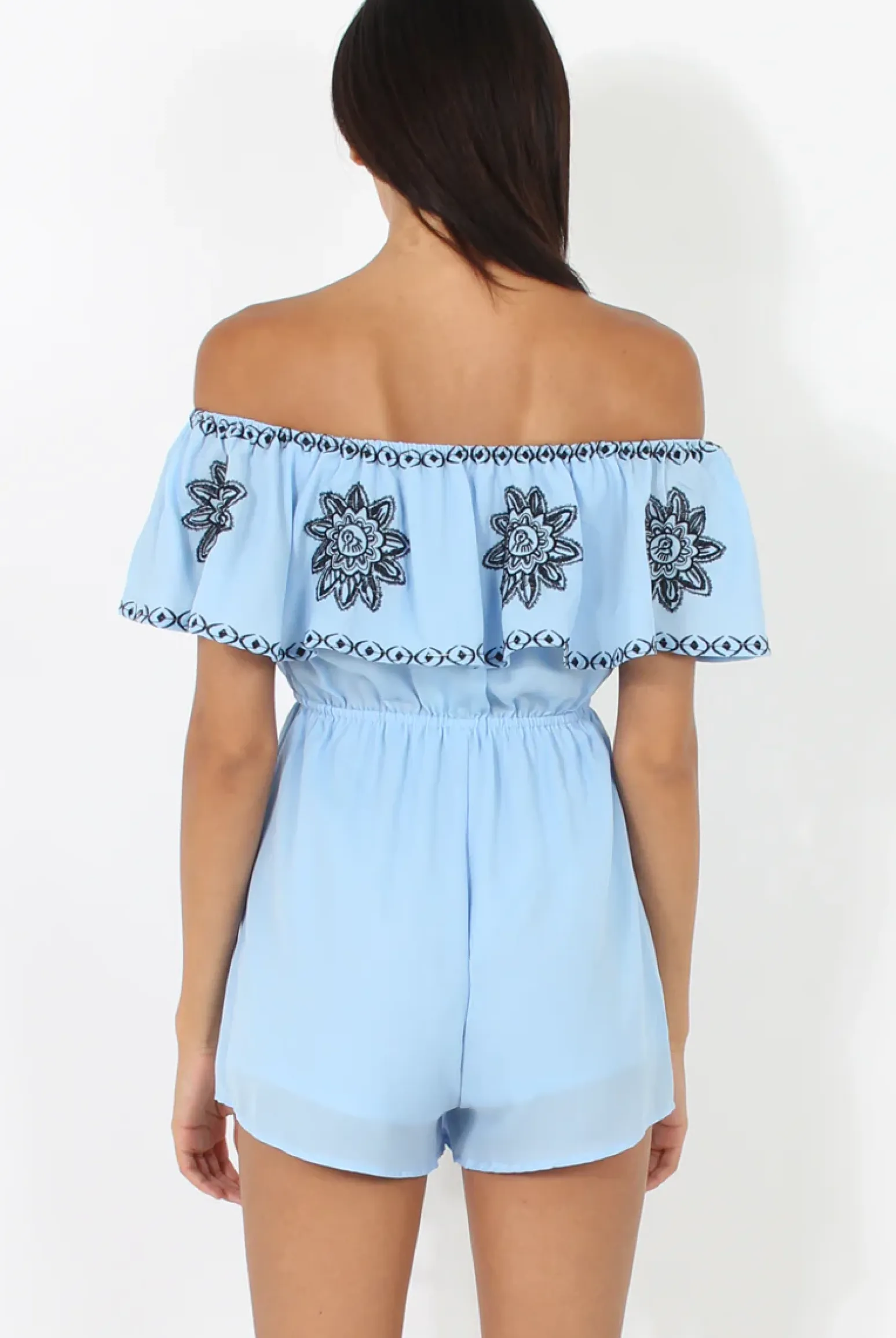 Rebellious Fashion Blue Bandeau Playsuit With Embroidered Detail- Freye